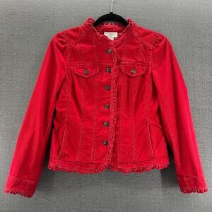 Ann Taylor LOFT Red Y2K Corduroy‎ Ruffle Trucker Button Up Jacket Size 2P